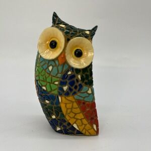 Vtg 90s Y2K Mosaic Owl Figurine Colorblock Handpainted Home Decor Boho Hippie